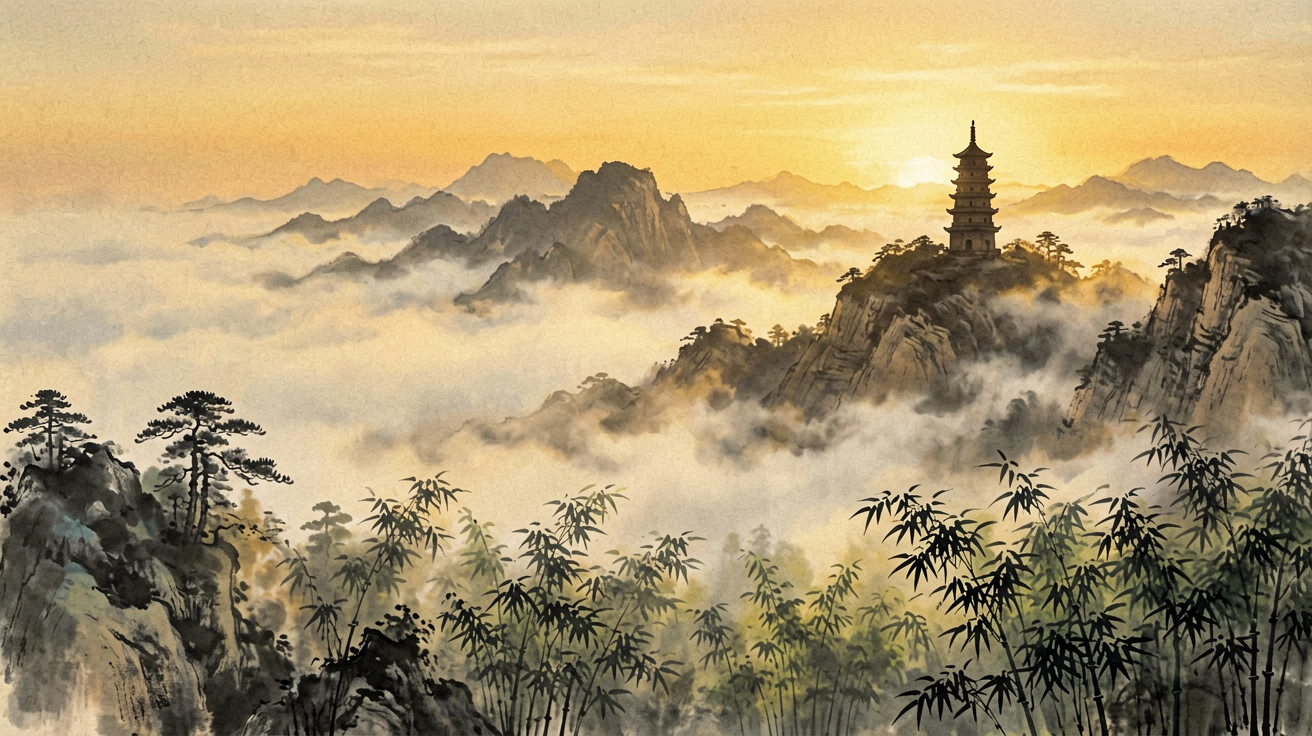 Traditional Chinese ink wash landscape with pagoda and misty mountains